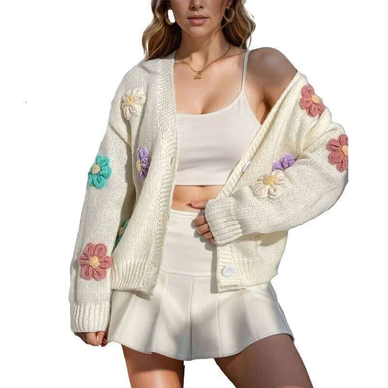 Autumn Winter Flower Pattern Knitted Cardigan, Women's New Sweet And Lovely Loose Long-Sleeved Single-Breasted Sweater