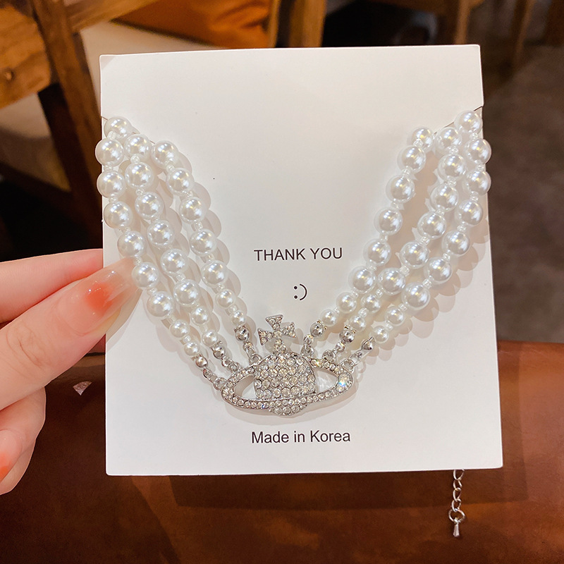 Luxury Brand Designer Jewelry Inlaid Diamond Saturn Pearl Three-Layer Necklace Baroque Style Vintage Choker Niche Design Fashion Jewelry For Women