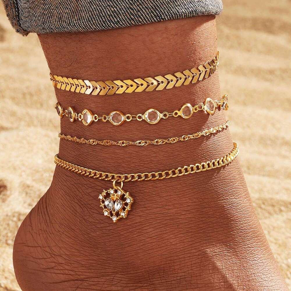 Cross-Border New Fashion Women's Gold Anklet Star Butterfly Pendant Layered Set Beach Multi-Layer Chain