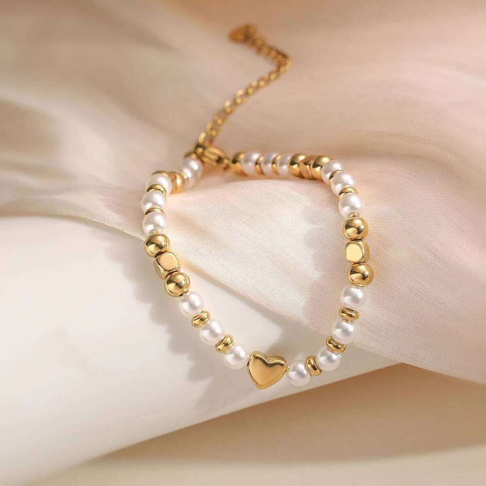 NEWBUY 2025 Trendy Gold Color Non-Fading Stainless Steel Beads Pearl Heart Bracelet For Women Daily Jewelry Accessories 25H1229