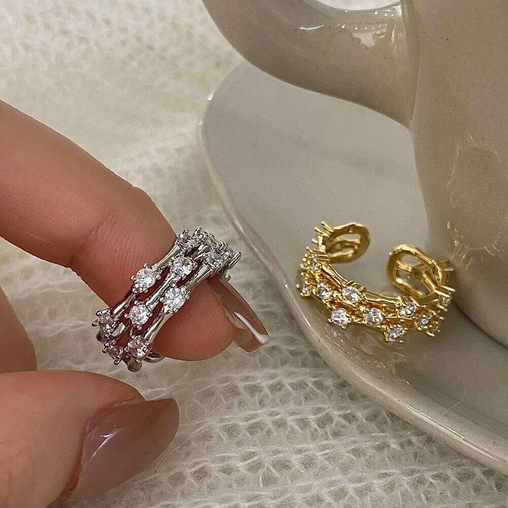 ZAKOL Korean Fashion Three Layers Clear Zirconia Open Rings For Women Exquisite Shiny CZ Party Jewelry
