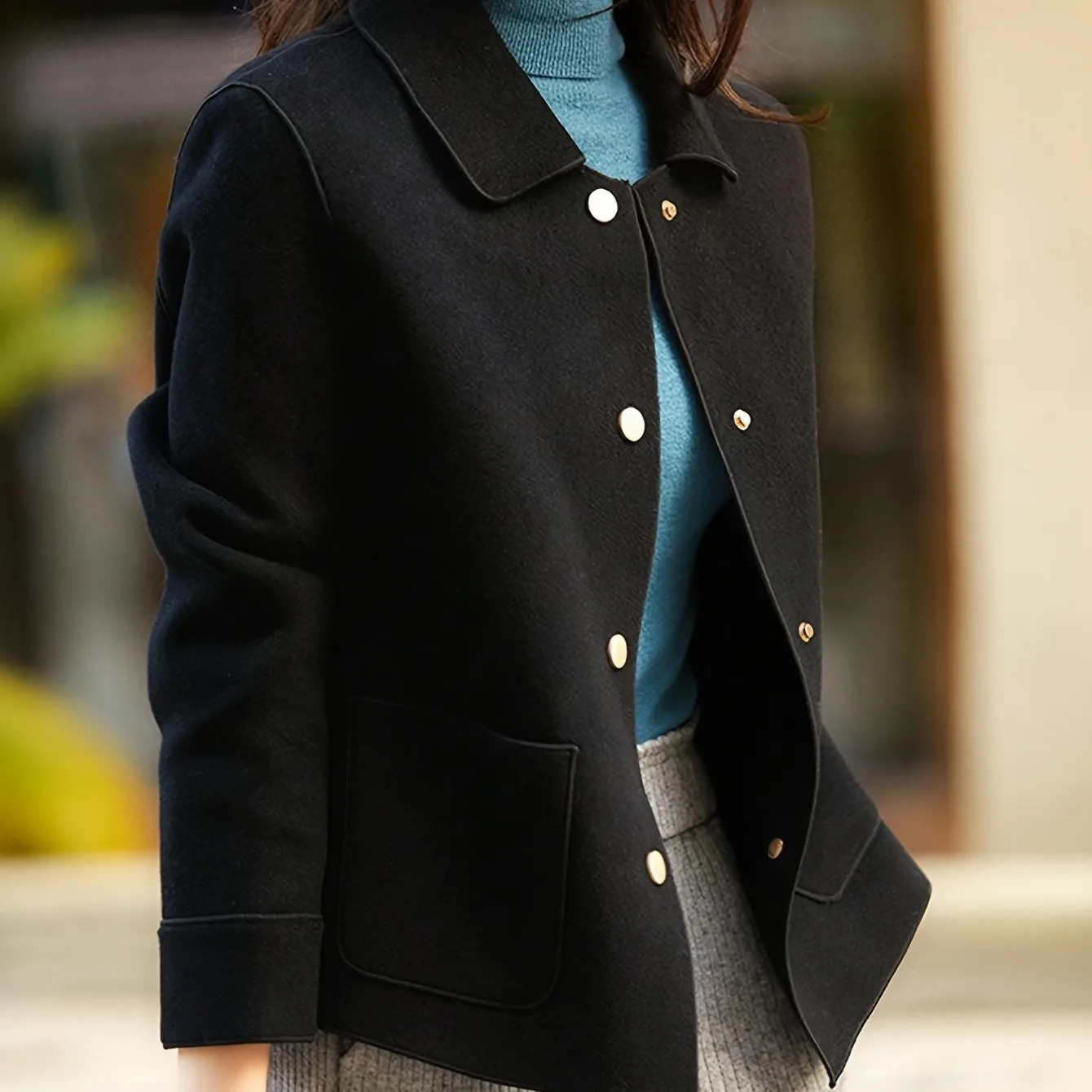 Fashionable womens black lapel jacket with metal button details pockets elegant and casual suitable for commuting office 251225