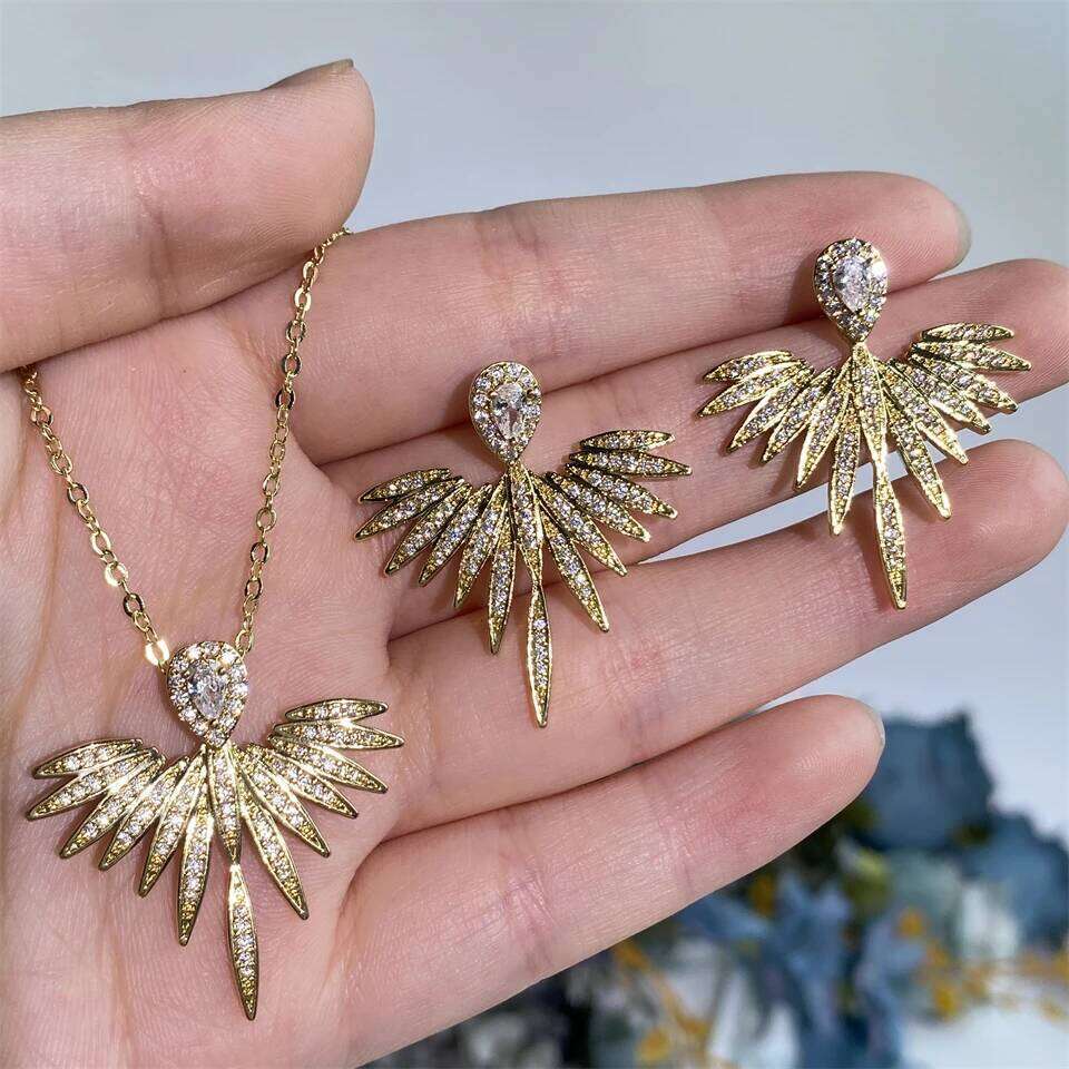 ZAKOL Vintage Full Micro-intact Zircon Feather Wing-shaped Earring Necklaces for Women Ins Trendy Aesthetic Bridal Accessories