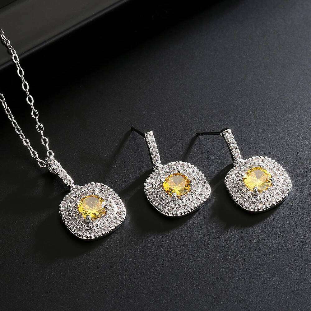 ZAKOL Classic Geometric Cubic Zirconia Earring Necklace Set for Women Shiny Zircon Square Sliver Color Wedding Party Jewelry
