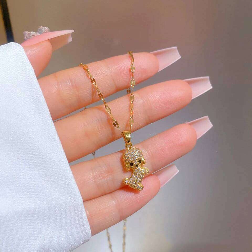 ZAKOL Cute Cartoon Dog CZ Pendant Necklace Shiny Zircon Crystal Titanium Steel Chain Animal Necklaces Party Jewelry