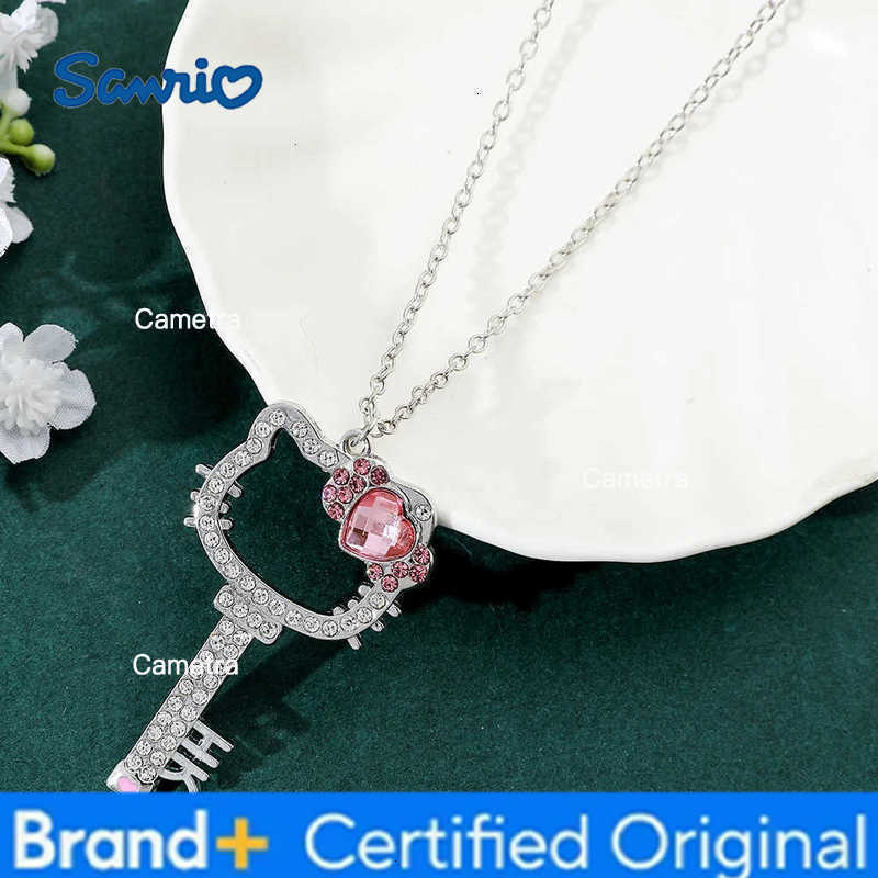 Sanrio Hello Kitty Necklace Anime Pink Peach Heart Crystal Cat Key Pendant Jewelry Gift for Fans H251229