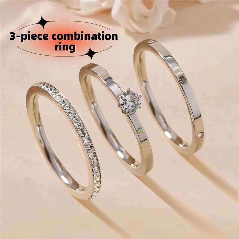 ZAKOL New Trendy Stainless Steel Ring For Women Three-Piece Set Zircon Classic Fashion Finger Accessory Jewelry Female Gifts