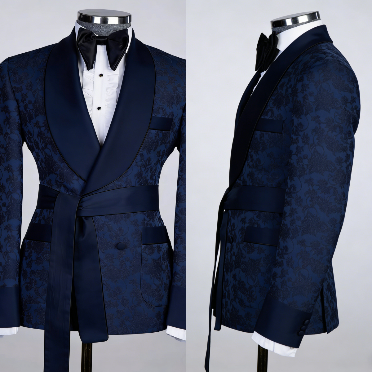 Elegant Men Suits Jacket Tailor-Made Shawl Lapel Jacquard Blazer Belt 2 Pieces Double Breasted Groom Customized Coat Black Pants Plus Size