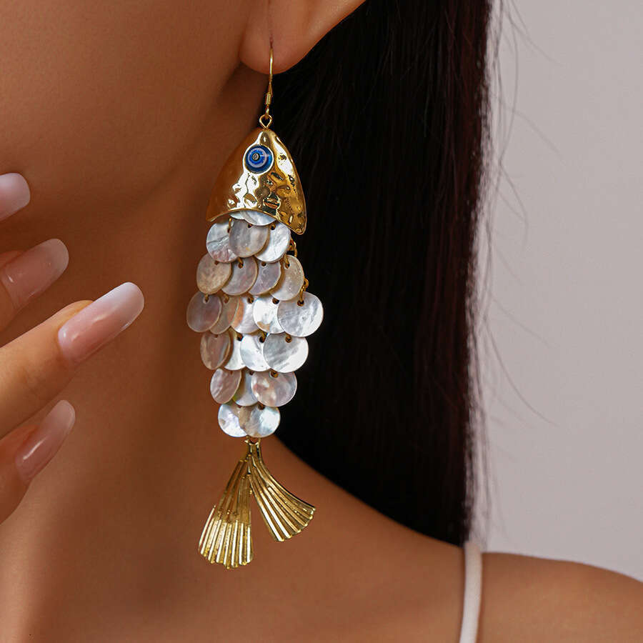 European and American Creative Fish-Shaped Shell Tassel Ear Hooks Beach Vacation Style Elegant Personality High-End Earrings for Women