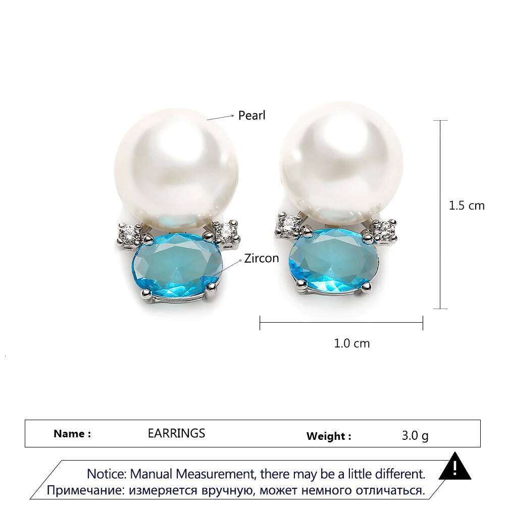 Cute Blue Oval Cubic Zirconia Stud Earrings for Women Simple Small Imitation Pearl Earring Delicate Birthday Jewelry