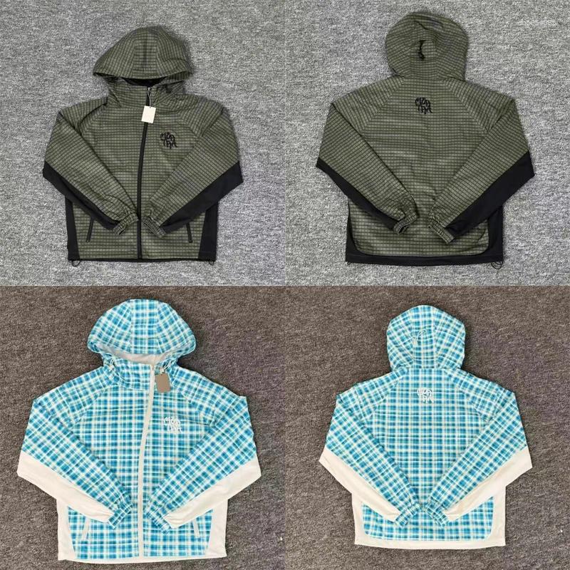 Men's Jackets Mesh Blue Green Plaid Zipper Hooded Jacket Men Women Letters Embroidery Label Slanted Quick Dry Loose Windproof