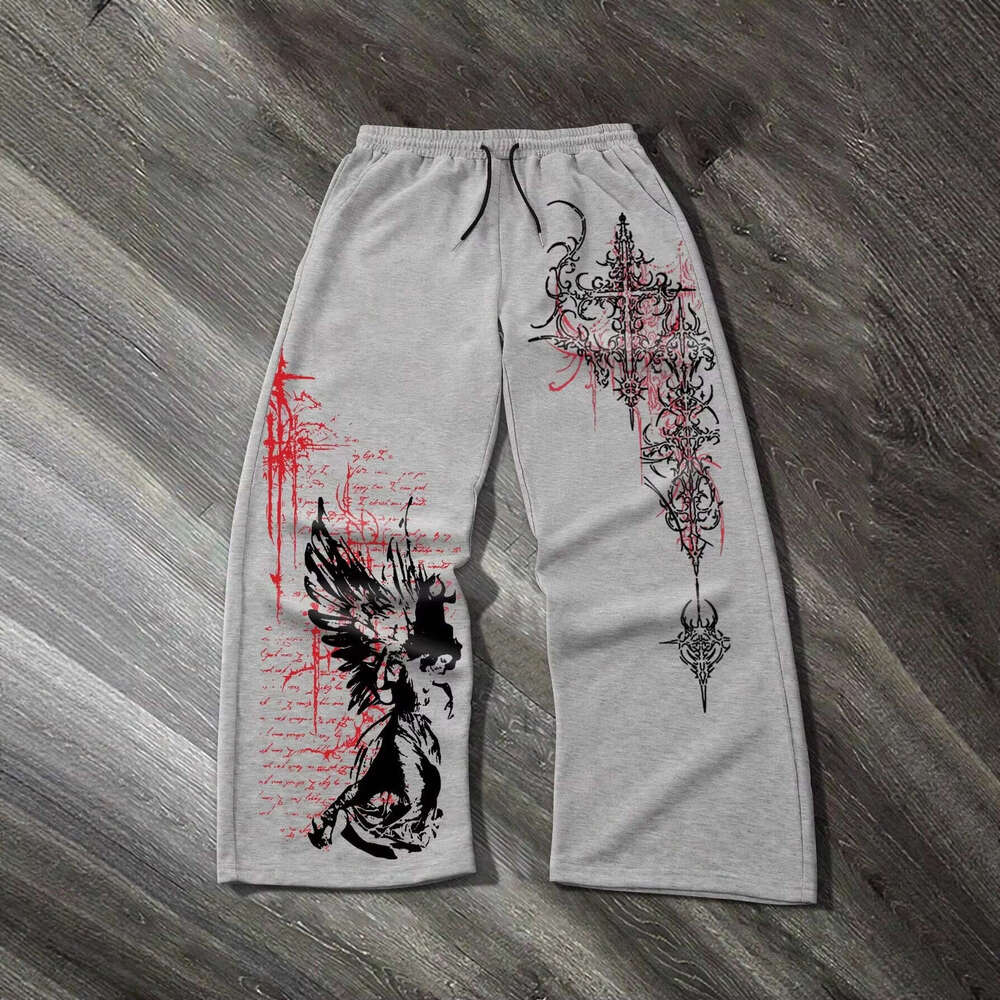 Amazon Foreign Trade European and American Cross-Border Printed Drawstring High Waist Loose Plus Size Straight Casual Long Pants for Women