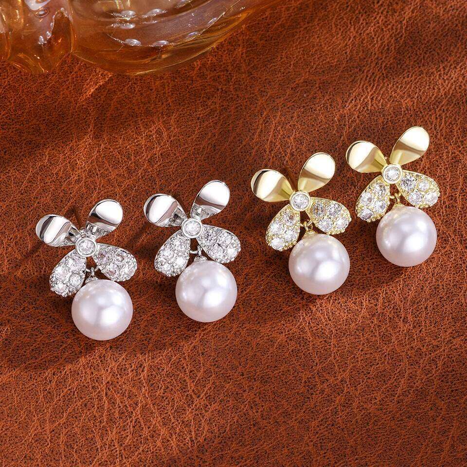 ZAKOL Elegant Four-leaf Flower Imitation Pearl Drop Dangle Earrings for Women Fancy Bride Brilliant CZ Wedding Jewelry