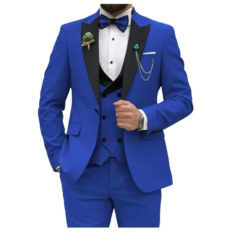 Royal Blue Men Suits Slim Fit 3 Piece Double Breasted Suit Wedding Prom Party BusinessBlazerVestPants 251213