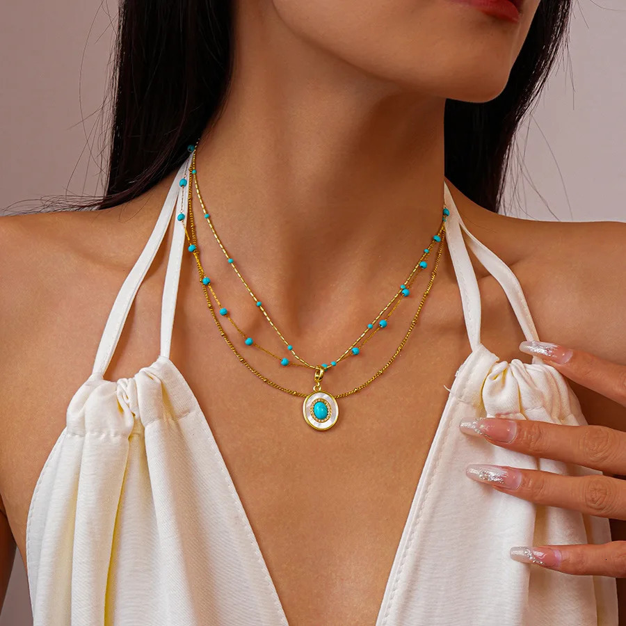 Natural Turquoise Oval Shell Pendant Necklace for Women Ethnic Style Exquisite Zircon Sexy Collarbone Chain Trendy Jewelry C1 251224