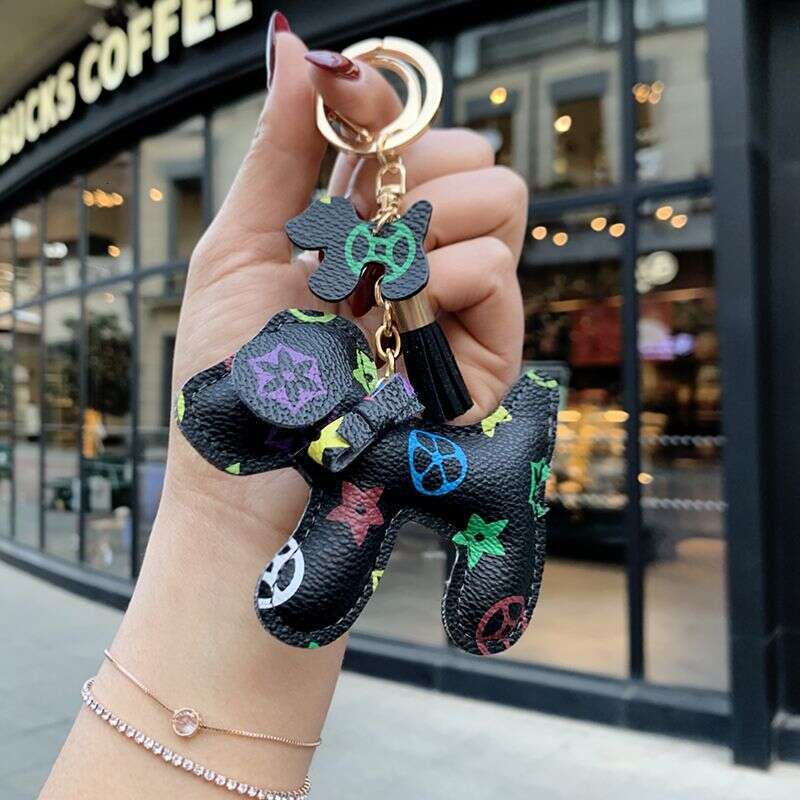 Leather Plush Bow Dog Car Key Chain Keychain Wristlet Couple's Bestie Keychain Bag Charm