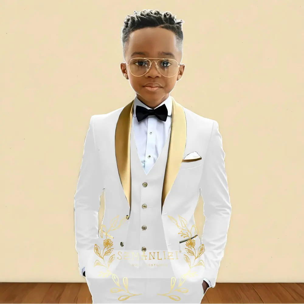 Oil Green Boys Suit 3 Pieces Wedding Tuxedo for Kids Jacket Pants Vest Gold Shawl Lapel Child 2-16 Years Old Customized Outfit 251229