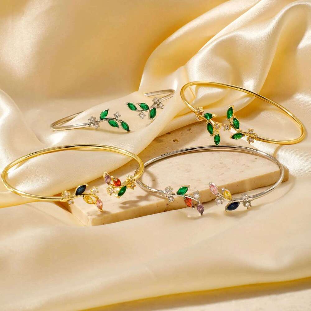 ZAKOL Simple Leaf Zircon Open Gold Color Stainless Steel Cuff Bracelet Pulseira Feminin Tiny Hand Jewelry