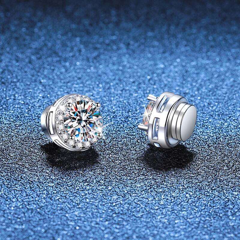 JOIAS HOME S925 Sterling Silver Earless Magnetic Earrings Round Moissanite for Men and Women Daily Party Simple Fine Jewelry 4f8
