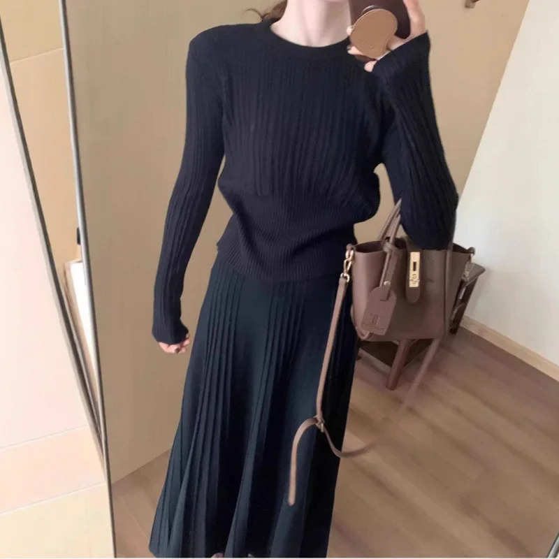 Korean Fashion Solid Color Knitted Sweater Set Elegant Casual Autumn and Winter Knitwear Two-piece Set with Top and Skirt 251219