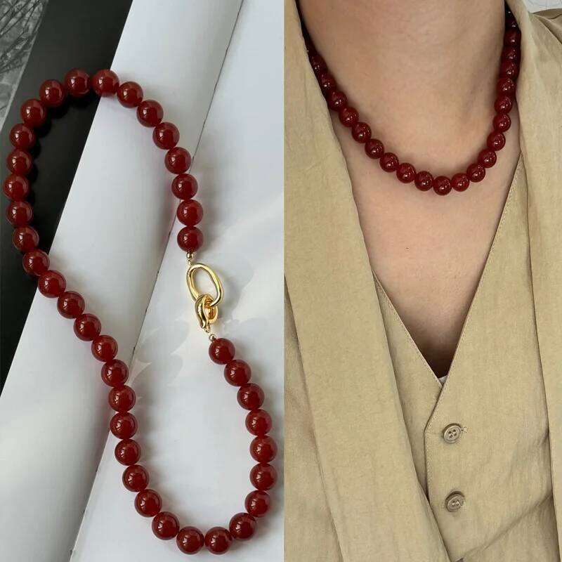 ZAKOL 8mm/10mm Dark Red Agate Natural Stone Strand Beaded Necklace Double Toggle Clasp Sweater Chain Choker for Women