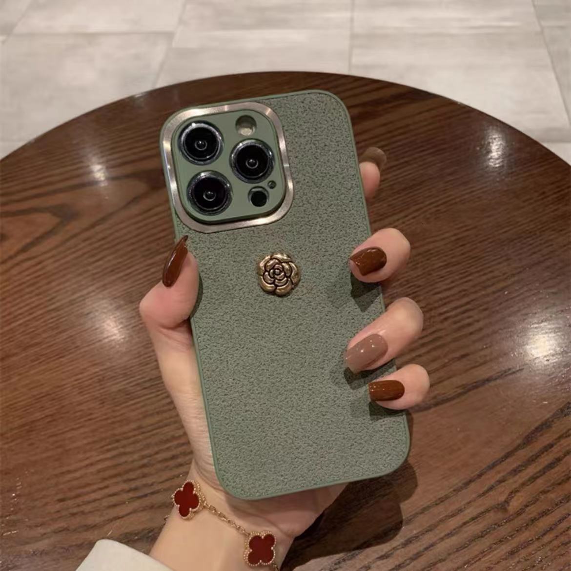 Golden Circle Camellia Compatible Apple Pro Phone Case with Lanyard Simple iPhone 16 Shockproof 13 Protection