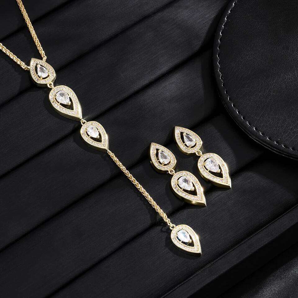 ZAKOL Luxury 18K Gold Plated AAA Cubic Zirconia Earring Necklace Jewelry Set Pear-shaped Water Drop Crystal Party Accessories