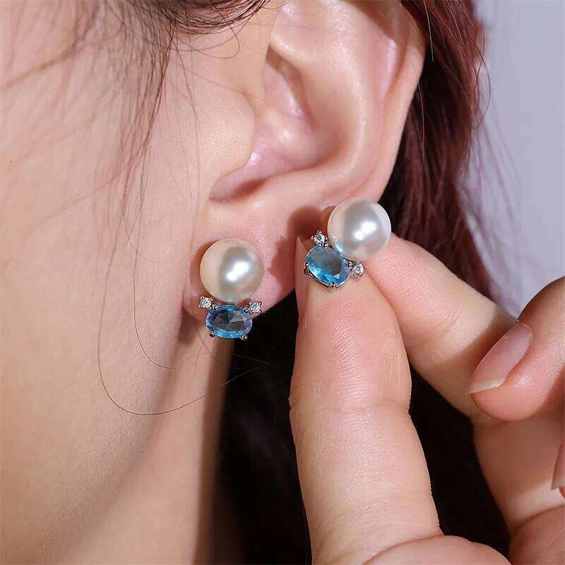 Cute Blue Oval Cubic Zirconia Stud Earrings for Women Simple Small Imitation Pearl Earring Delicate Birthday Jewelry