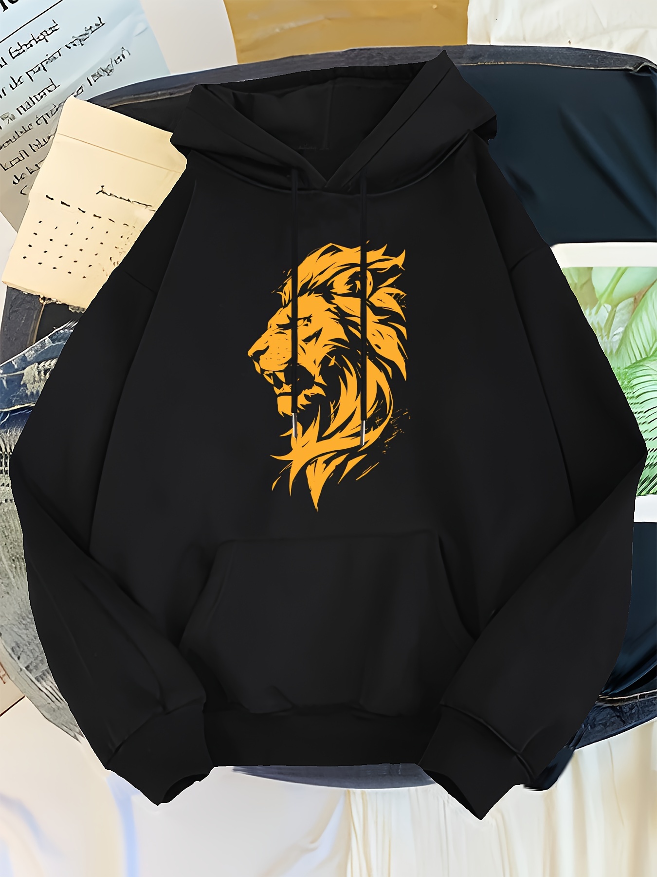 Pattern Print - Casual Long Sleeve Pullover with Front Pocket, Soft Polyester Blend, Essential Hoodie for Autumn and Winter