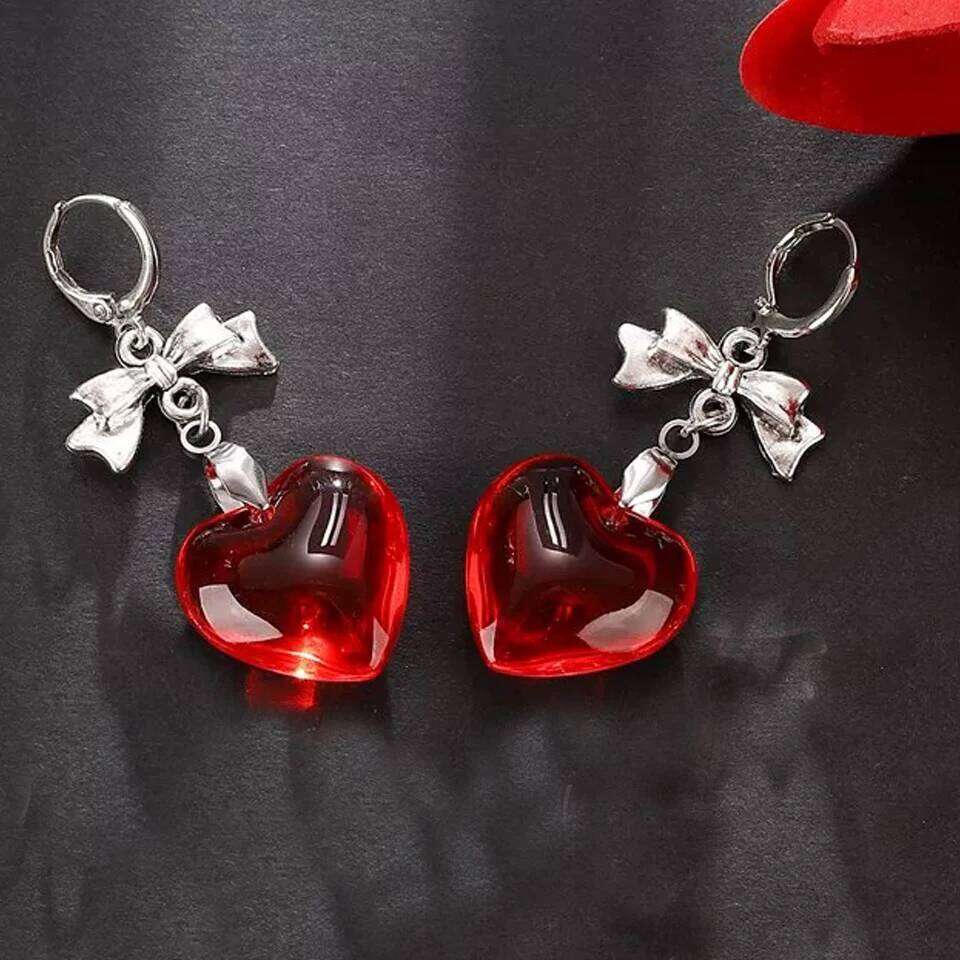 ZAKOL Y2k Sweet Harajuku Red Glass Love Heart Dangle Earrings for Women Hot Girls Korean Fashion Punk Bowknot Ear Accessories