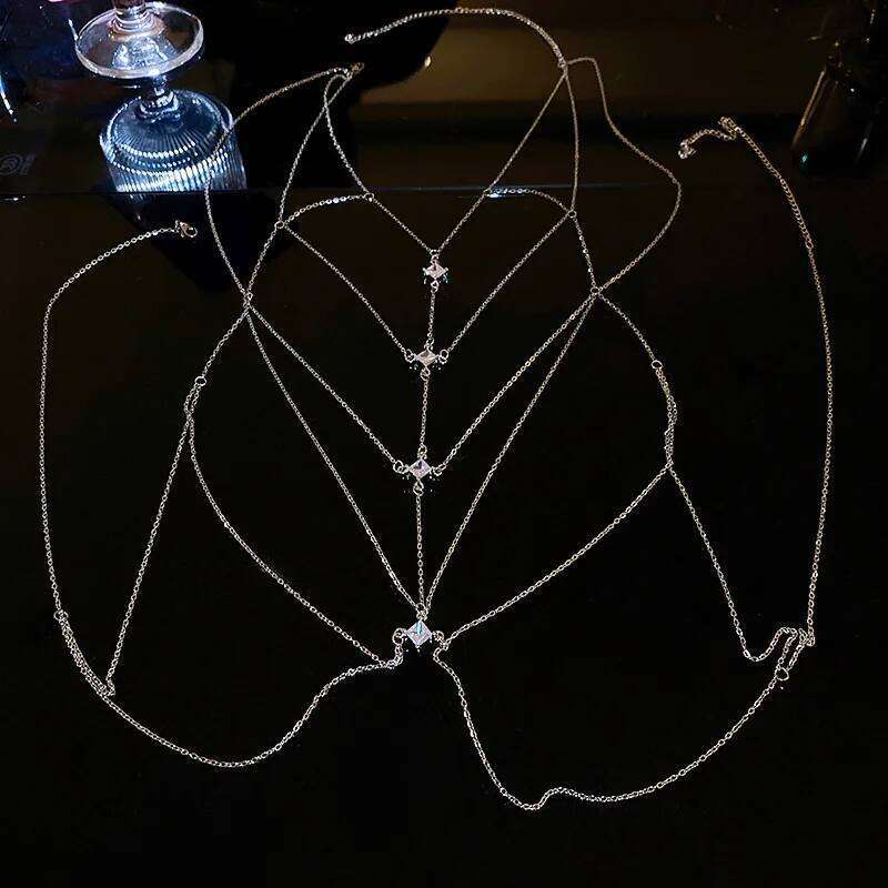 Luxury Square Crystal Chest For Women Multilayer Silver Color Metal Beads Zircon Body Chain Sexy Beach Bikini Jewelry Gift