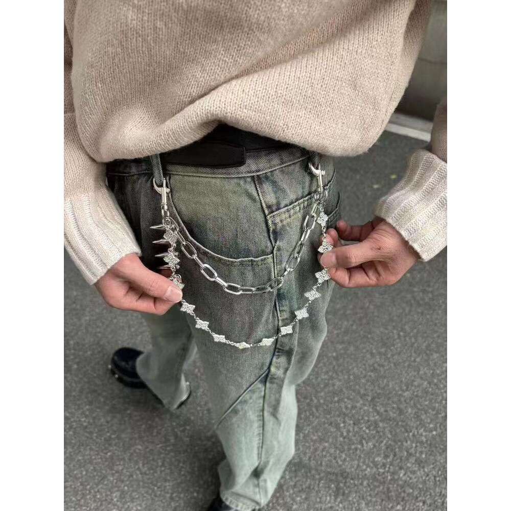 Papr Original "Handmade In Stock" Shiny Wide Four-Leaf Clover Cleanfit Silver Gemstone Pants Chain
