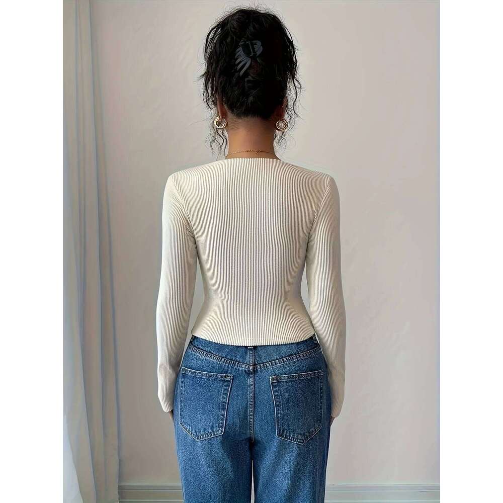 Directed Women's Autumn Winter Knitted Solid Color Asymmetrical Neck Long Sleeve Pleated Slim Fit Elegant T-Shirt ZHE HAN