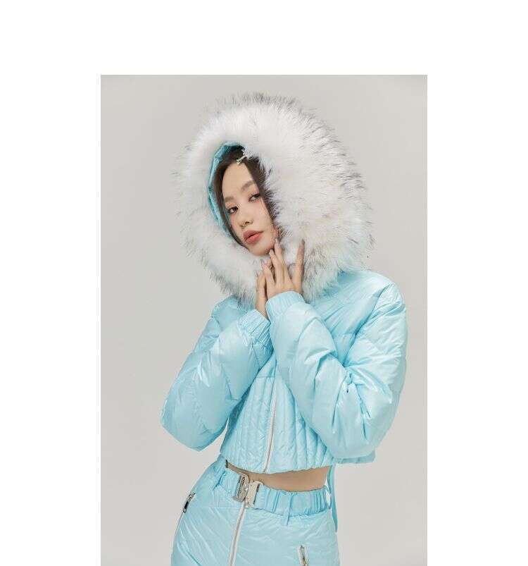 2025 Hot Ski Suit Imitation Raccoon Fur Collar Thickened White Duck Down Jacket Set For Women WKERSIY