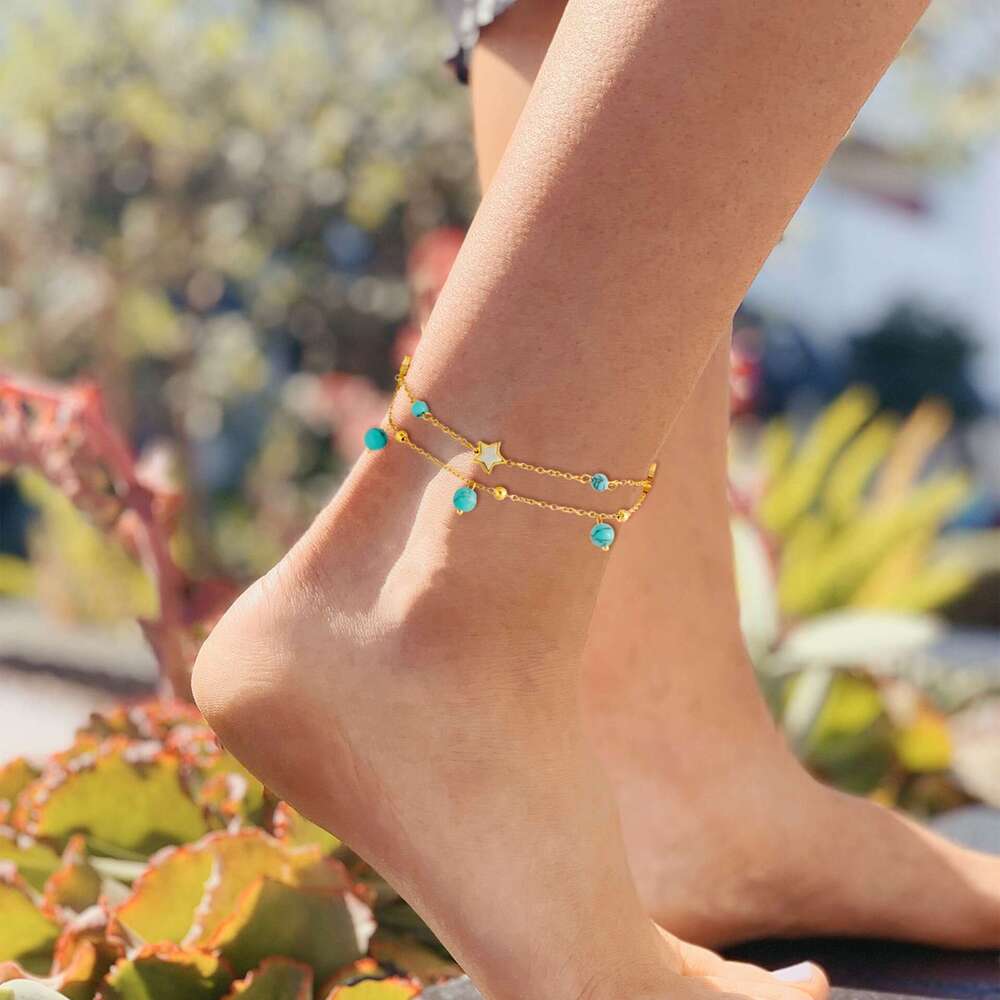 Foreign Trade Trend Turquoise Tassel Pendant Five-Pointed Star Inlaid Anklet Fashion Vacation Foot Ankle Chain Jewelry