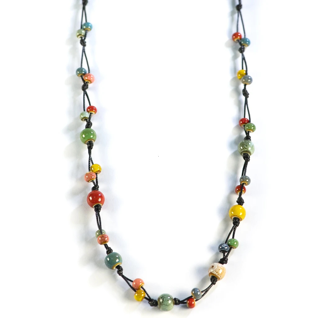 Handcrafted Bohemian Ceramic Necklace with Adjustable Wax Cord Boho Jewelry for Women Gift DIY Hand-made 251224
