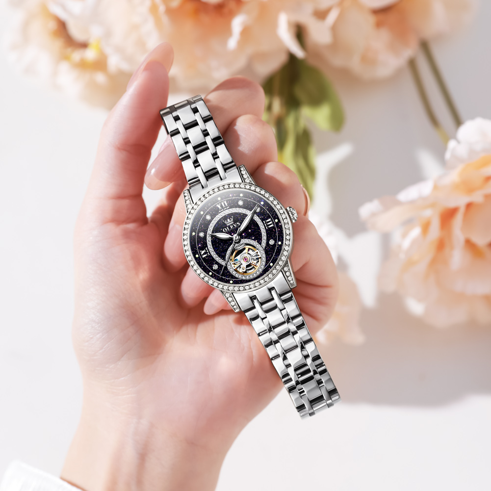 OLEVS High end new women's watch, niche personality, diamond inlaid fully automatic mechanical women's watch, waterproof hollow watch