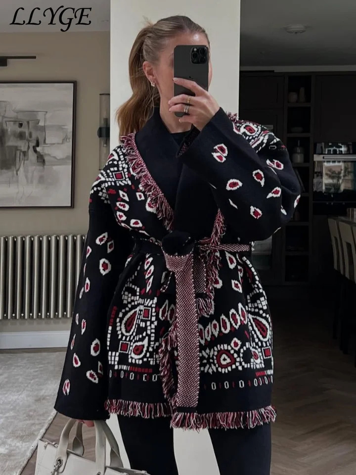 Elegant Knit Jacquard Tassel Belt Cardigan Women Lace Up Lapel Long Sleeve Warm Sweater Autumn Winter Lady Knitwears 251226