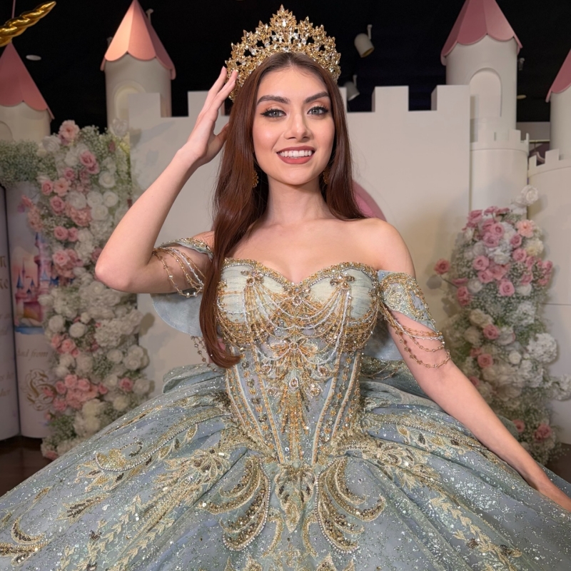 Aqua Blue Shiny Quinceanera Dresses Ball Gown Off The Shoulder Applique Lace Beading Crystal Bow Corset Party Birthday Sweet 16 Dres Vestidos 15 Anos