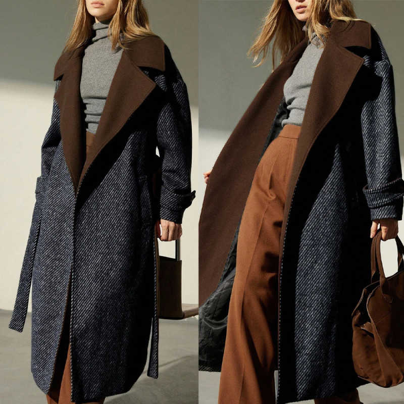 Modern Office Ladies Work Women Long Overcoat One Piece With Belt Customized Autumn Winter Thick Outdoor Jacket