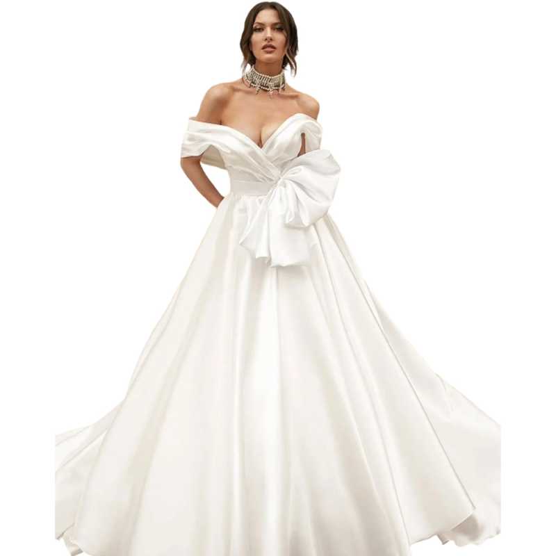 Elegant Ivory Satin Wedding Dress V Neck Off the Shoulder Bow Bridal Gowns A line Floor Length Robe De Customized