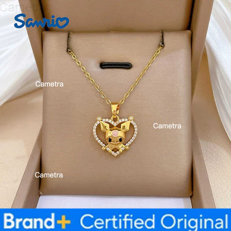 Sanrio Stainless Steel Chain Necklace Cute Kuromi with Zircon Love Heart Pendant Necklace for Women Girls Cartoon Jewelry Gifts H251229