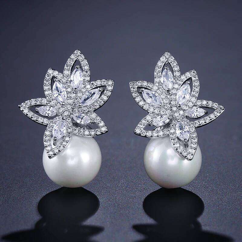 ZAKOL Temperament Imitation Pearl Flower Stud Earrings Elegant Leaf Marquise Zirconia Wedding Party Jewelry for Women