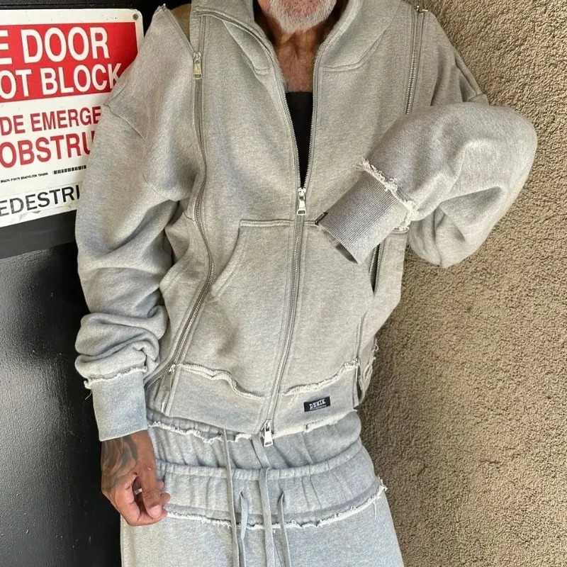 Black zippered double-sleeved shorts suit hooded sweatshirt sports suit American high street casual patchwork jacket 251223