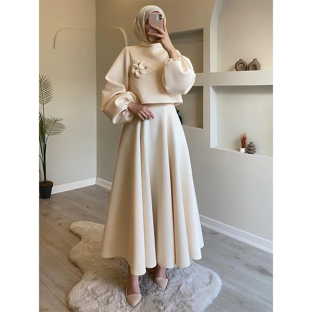 Eid Dubai Fashion Set 2 Piece Women Lantern Sleeve Top Shirt Skirts Suits Musulman Ensembles Jalabiya Appliques Muslim Sets 251219