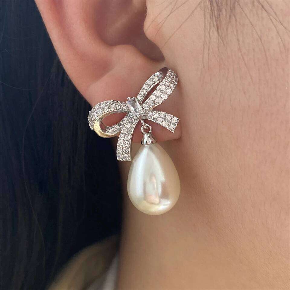 ZAKOL Brand Zircon Bow Pearl Drop Dangle Earrings for Women Elegant Bridal Wedding Party Jewelry