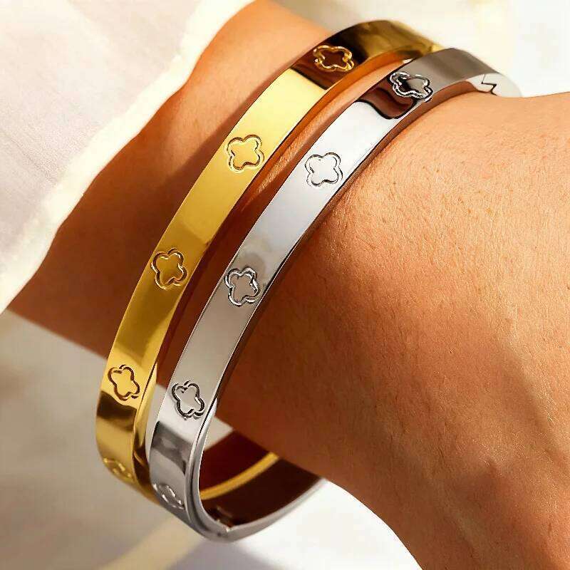 ZAKOL 5/1pcs Creative Stainless Steel Four-leaf Flower Bracelet Set for Women Buling Zirconia Inlaid Fashion Stackable Jewelry