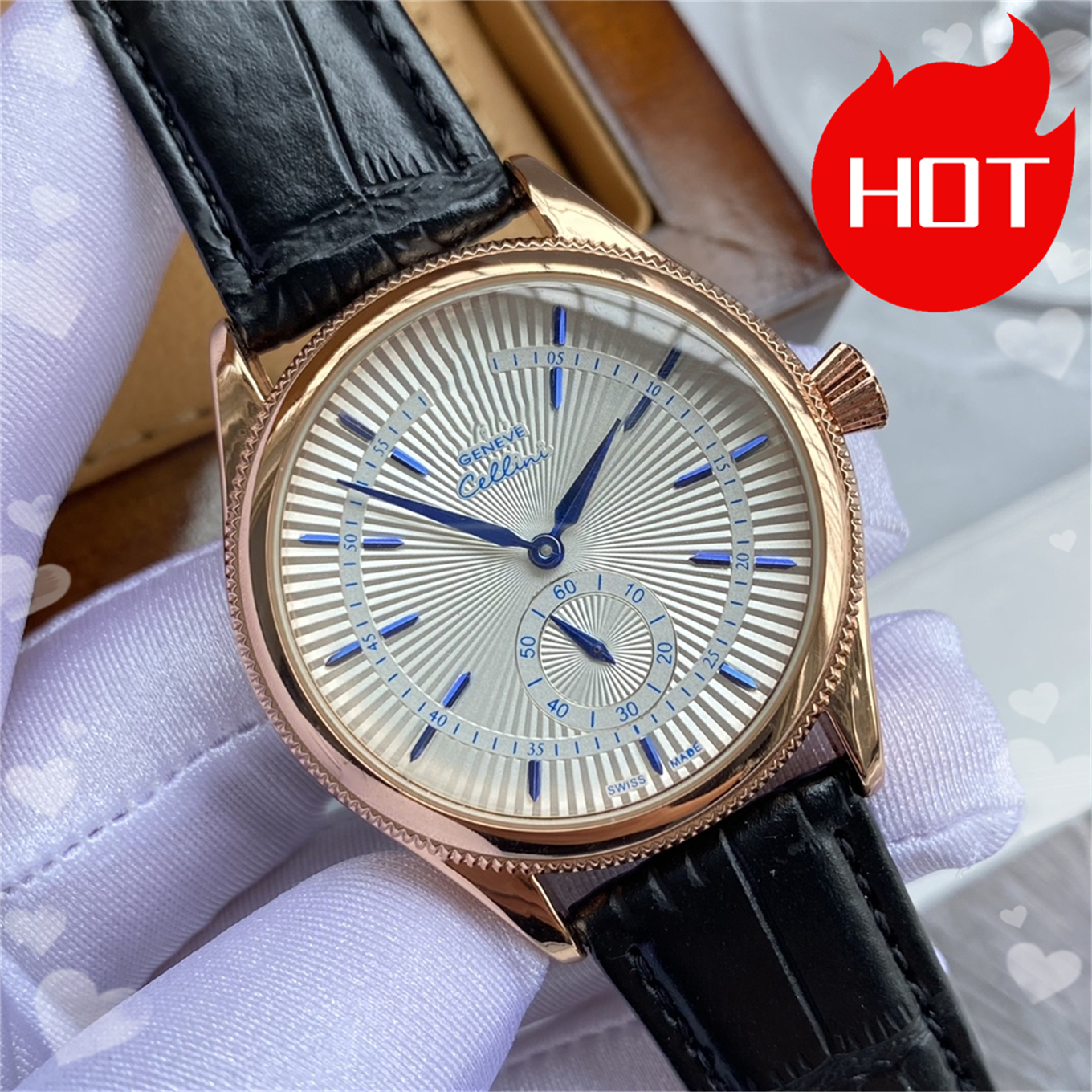 High quality mens Cellini watches quartz movement watch dial work chronometre wristwatch leather strap stainless steel case waterproof clock montre de luxe #882 8