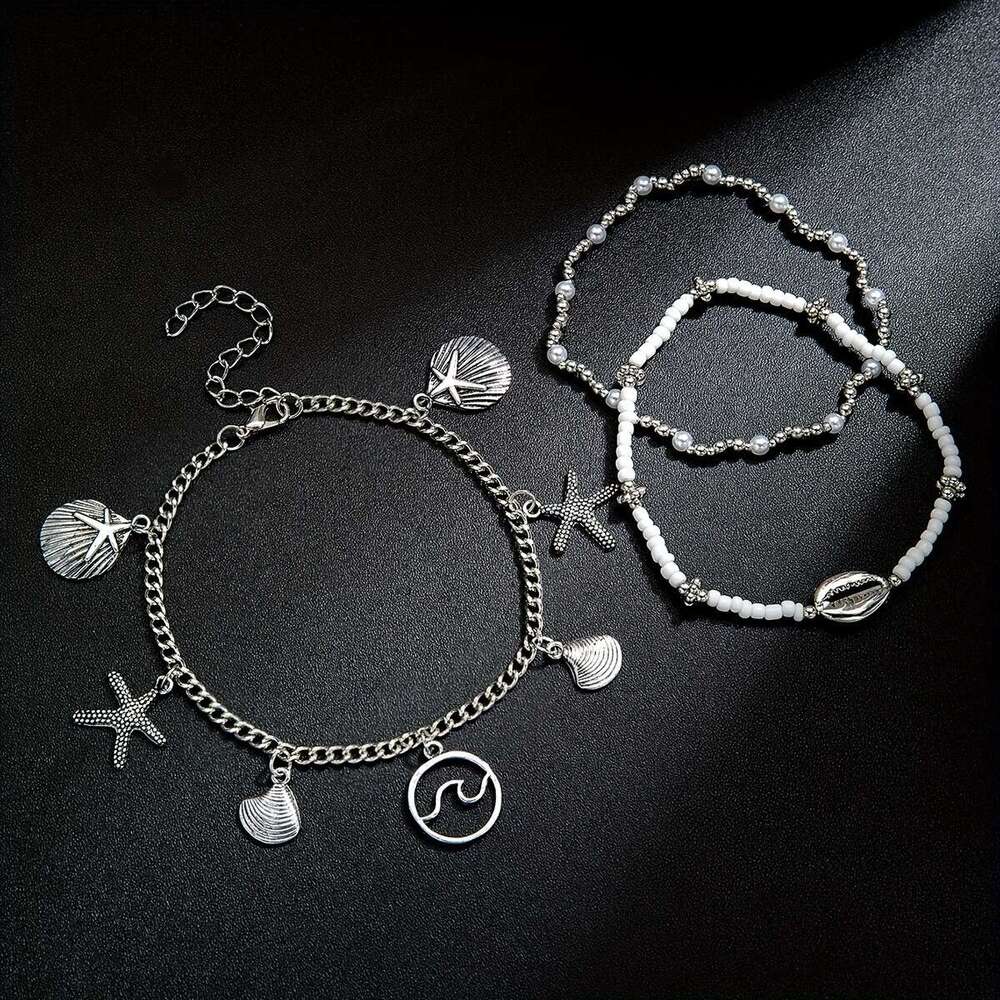 Bohemian Style Beaded Wave Round Ring Anklet with Tassel Pendant Shell Charm Ankle Chain Set