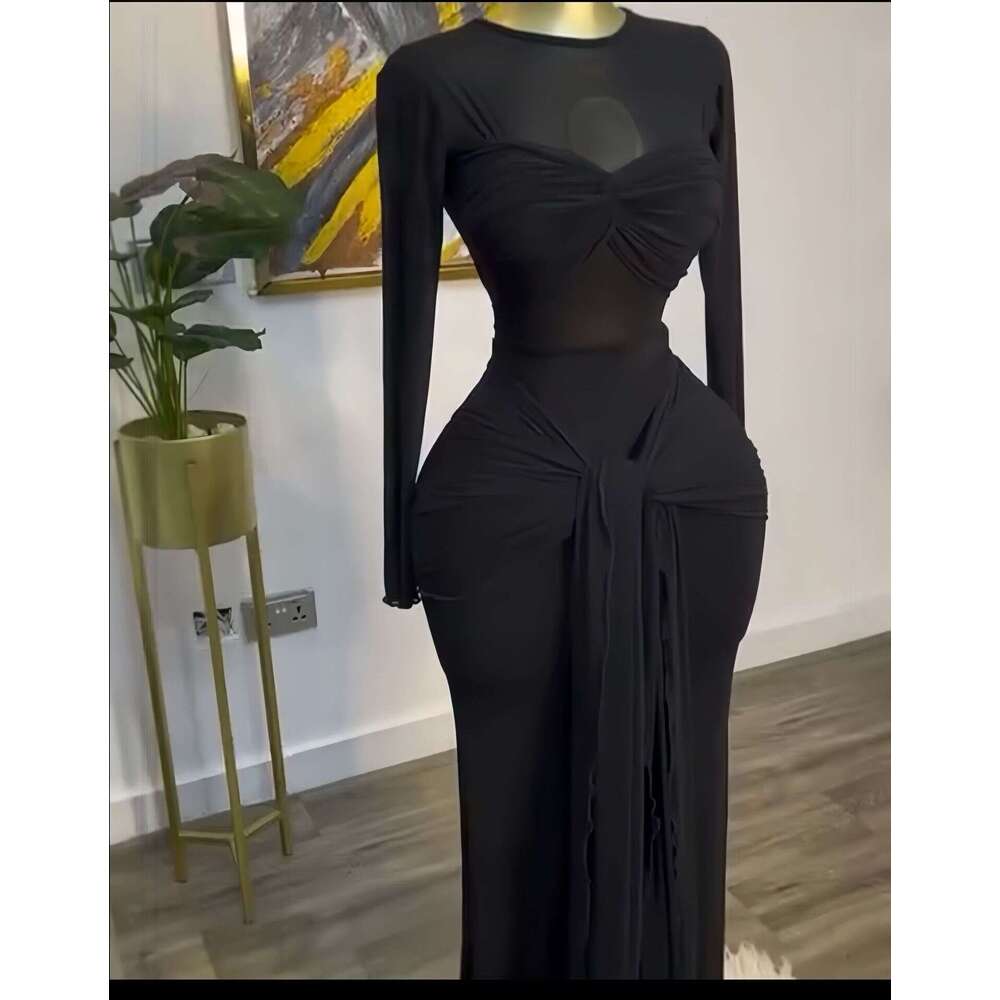 Dress for women 2026 Early Spring New Solid Color Bodycon Long Dress, Sleeve Round Neck Elegant Daily Casual Dress